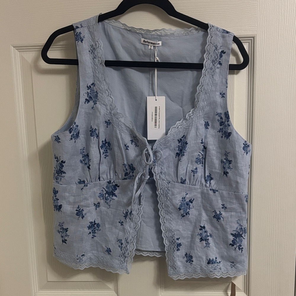 Reformation Rosalle Blue Floral Linen Top